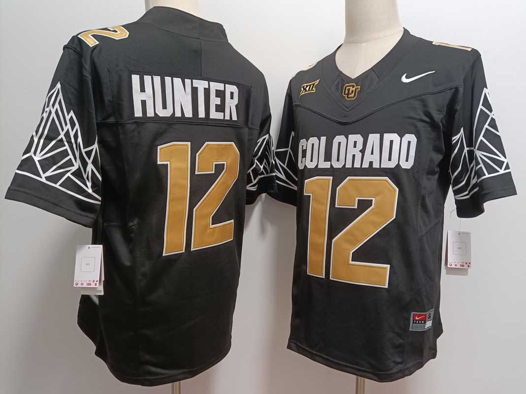 Mens Colorado Buffaloes #12 Travis Hunter Black Gold With XII Patch FUSE Vapor Stitched Jersey->colorado buffaloes->NCAA Jersey